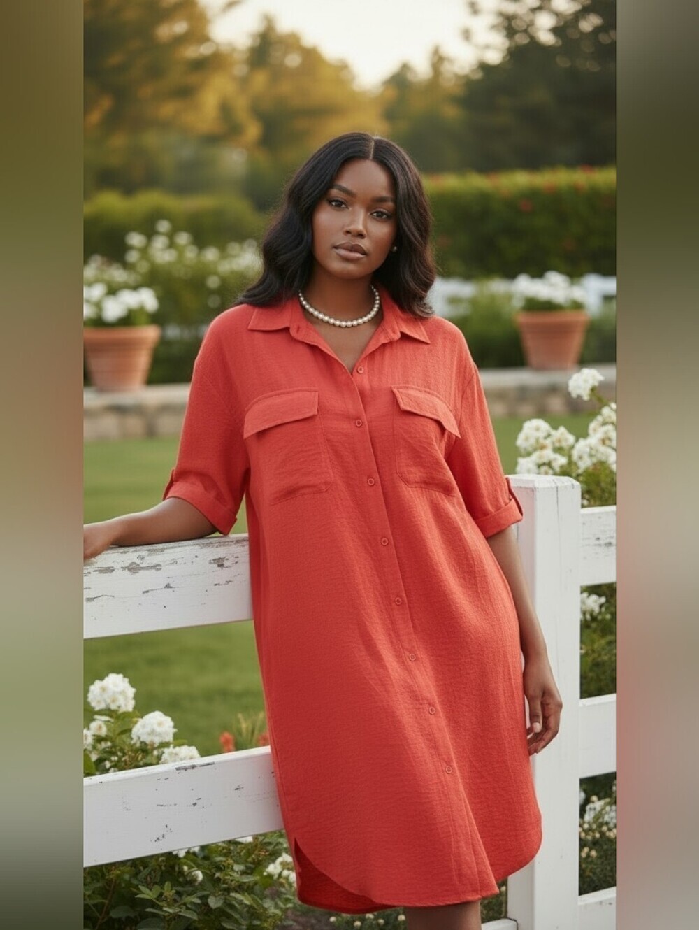 "Time to Blossom Red Coral Button Down Shirt Dress Pockets Short Sleeve Plus 1X"